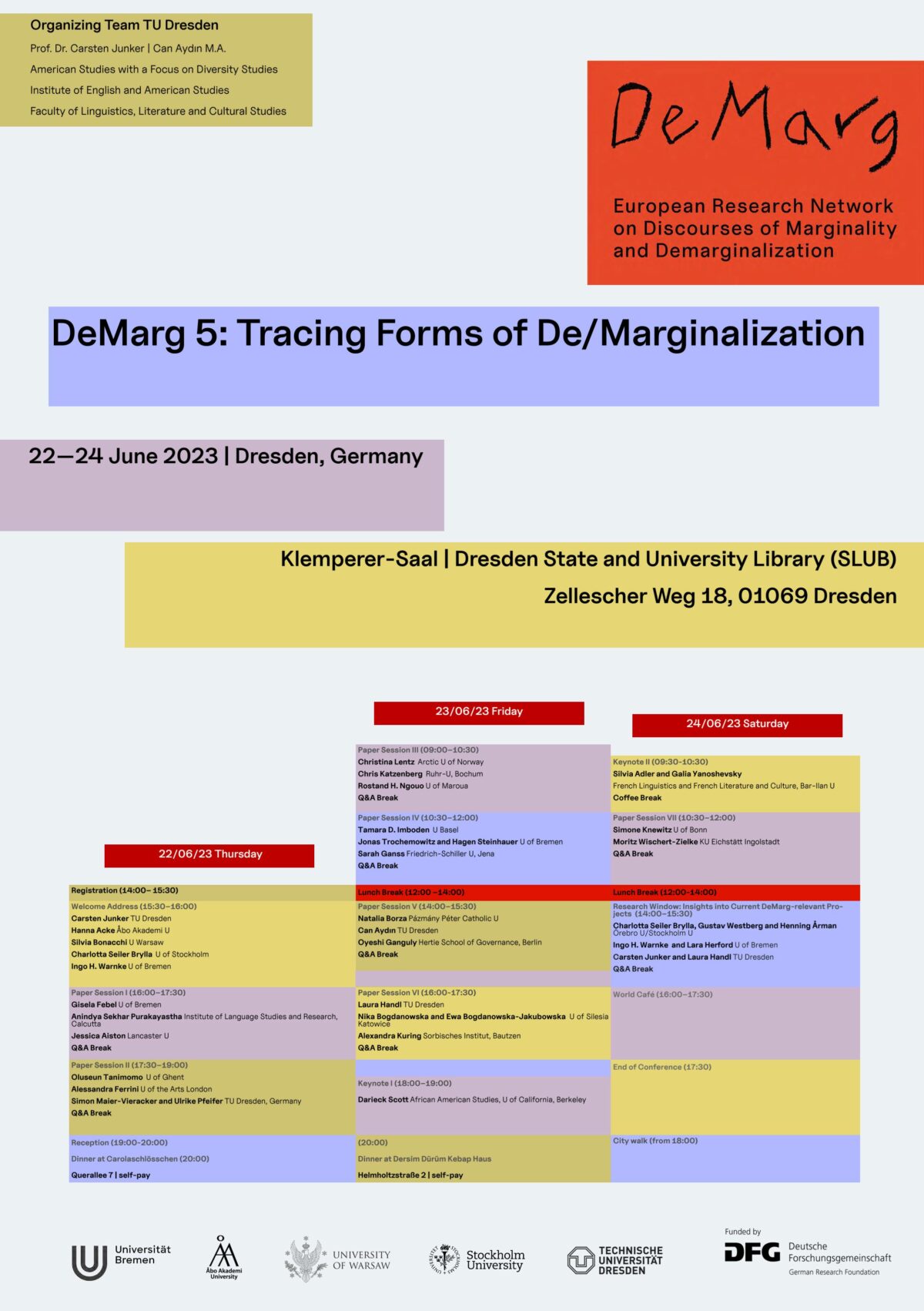 Poster der DeMarg (European Research Network on Discourses of Marginality and Demarginalization) DeMarg 5: Tracing Forms of De/Marginalization