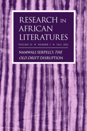 Cover of Research in African Literatures Special Issue: Namwali Serpell's The Old Drift: Disruption