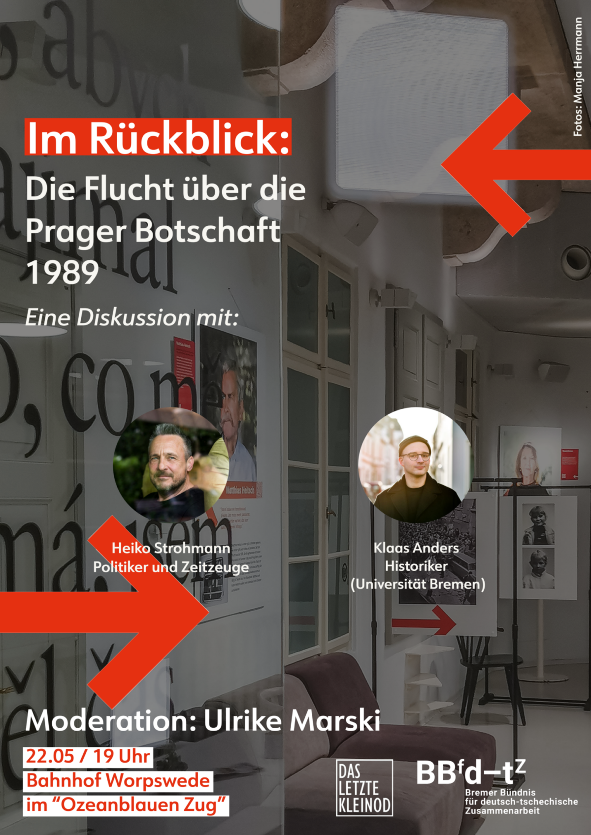 Eventposter for the discussion "Im Rückblick: Die Flucht über die Prager Botschaft 1989" with Klaas Anders (RTG)