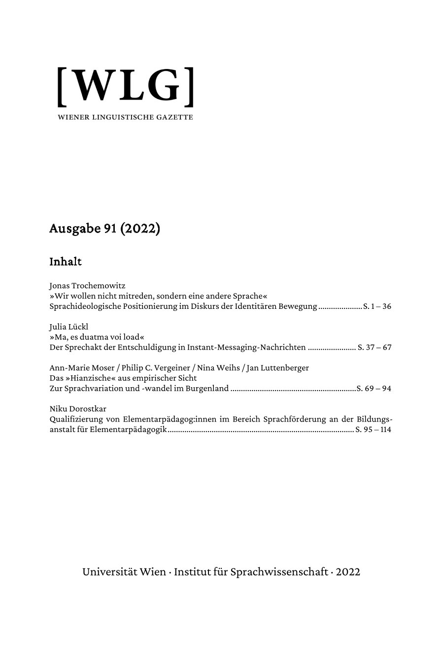 Cover Wiener Linguistische Gazette 91 (2022)